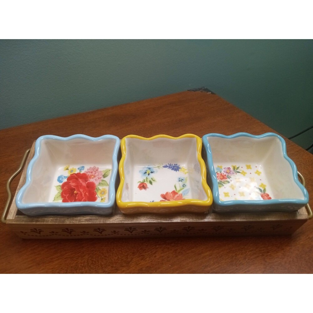 Pioneer Woman Stoneware Condiment Roses Acacia Wood Tray 4pc Yellow Blue 12" L